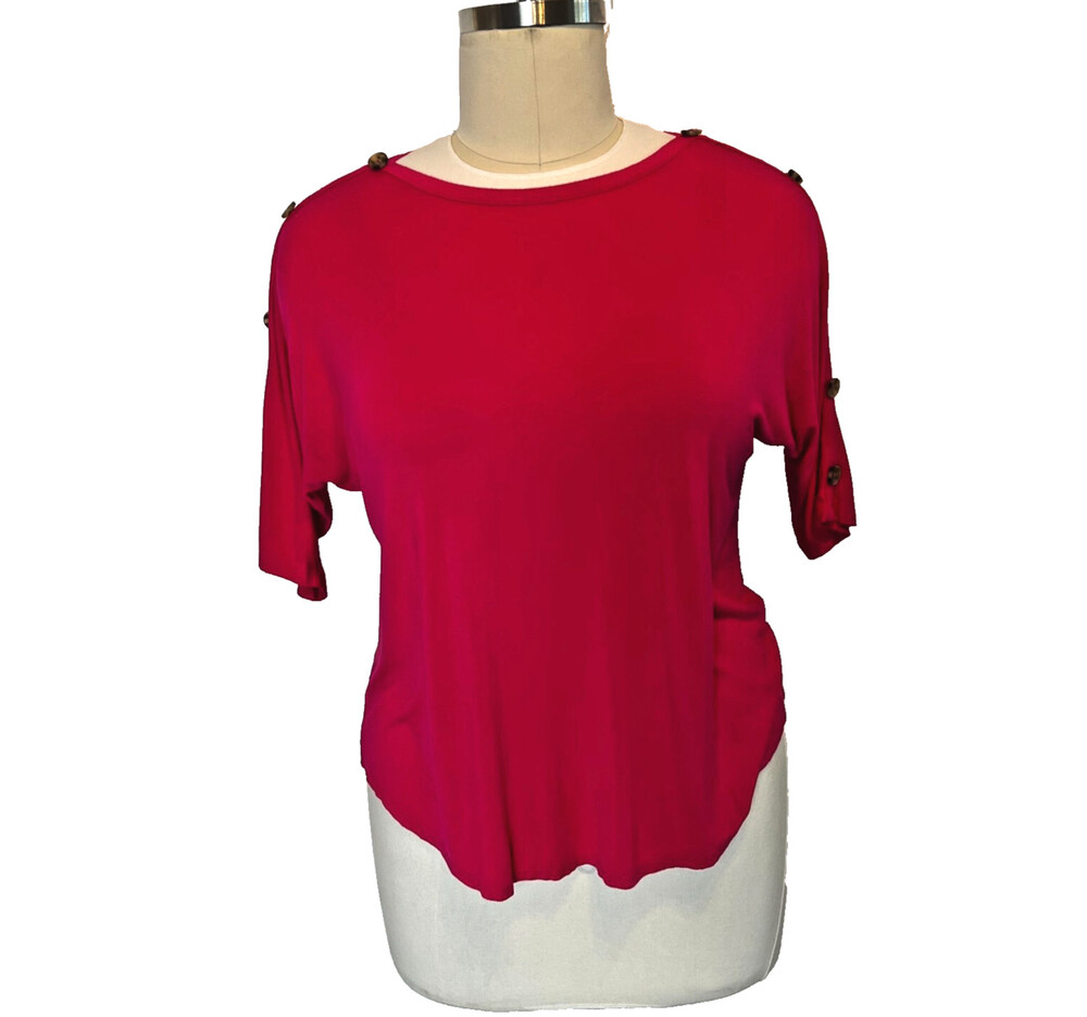 Kim & Cami - Women's 1X Blouse Hot Pink Boat Neck Short Button Accent Sleeved